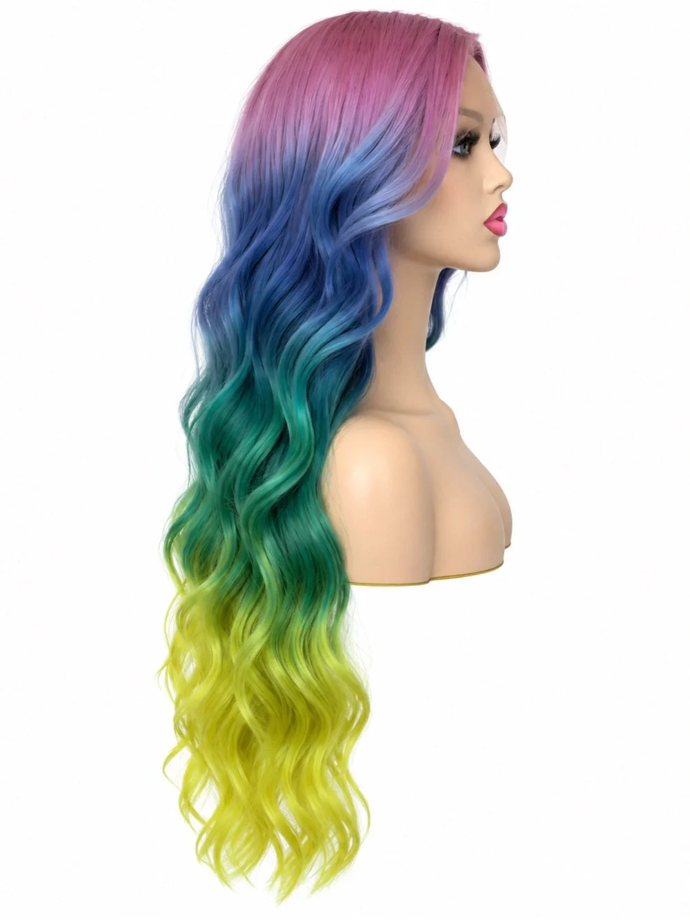 Rainbow Multicolor Ombre Long Wavy Lace Front Wig - Pink Blue Green Yellow 28in